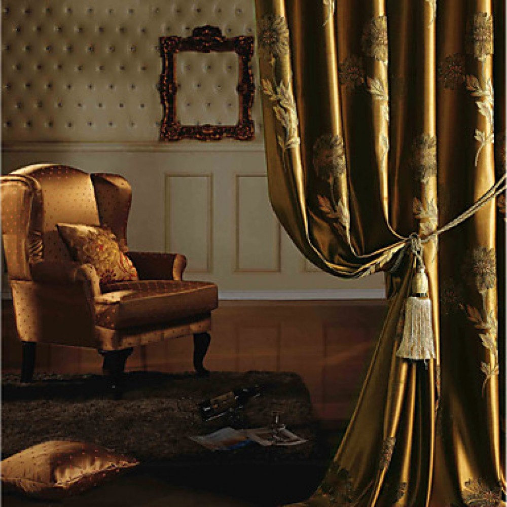 Two Panels European / Neoclassical Floral / Botanical Gold Bedroom Polyester Panel Curtains Drapes  