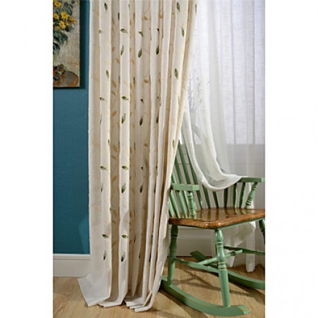 Room Darkening Linen Embroidered Leaf Curtains Drapes Two Panel  