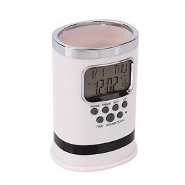 Digital LCD Desk ALarm Clock Mesh Pen Holder Container Time Temp Calendar Gift  