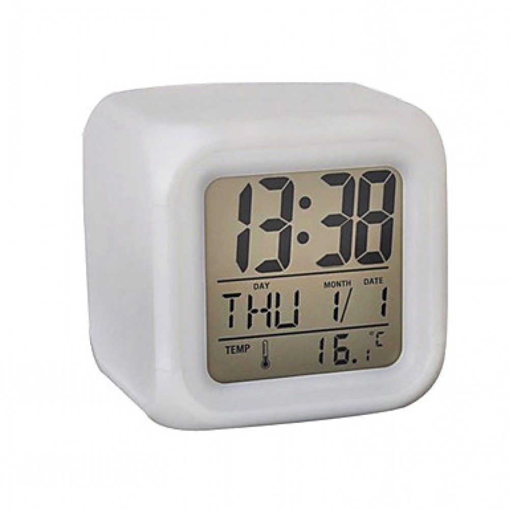 Colorful Glowing Cubic Digital Alarm Clock Calendar Thermometer (White, 4xAAA)  