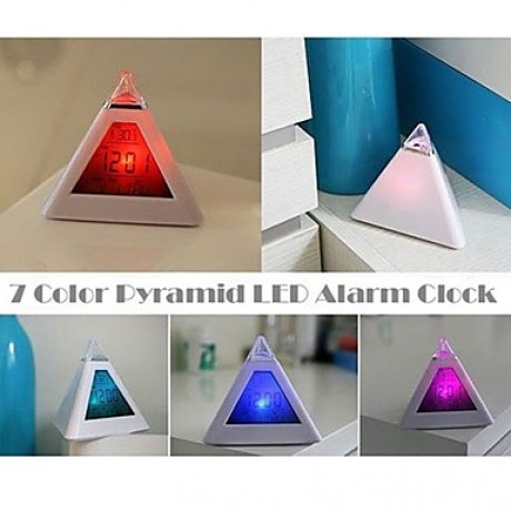 7 LED Colors Changing Pyramid Shaped Digital Alarm Clock Calendar Thermometer (White, 3xAAA)  