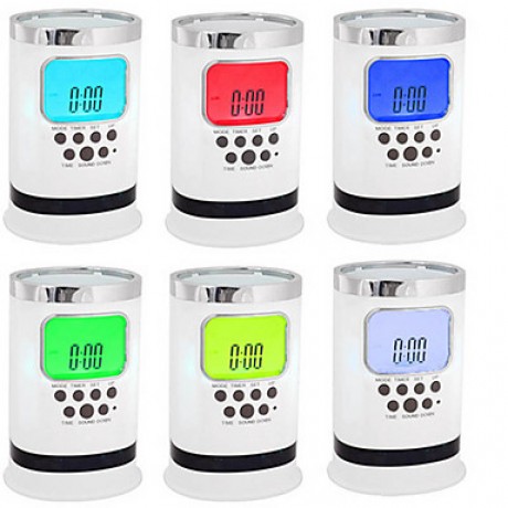 Digital LCD Desk ALarm Clock Mesh Pen Holder Container Time Temp Calendar Gift  