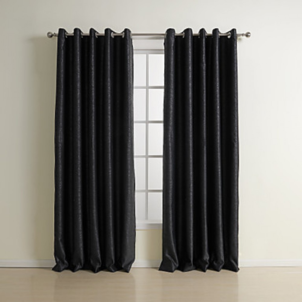 Two Panels Neoclassical Solid Black Bedroom Polyester Blackout Curtains Drapes  