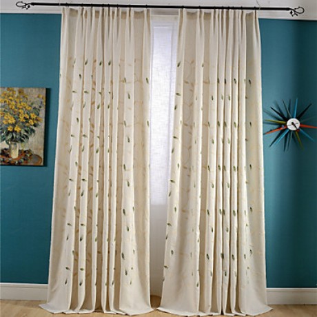 Room Darkening Linen Embroidered Leaf Curtains Drapes Two Panel  