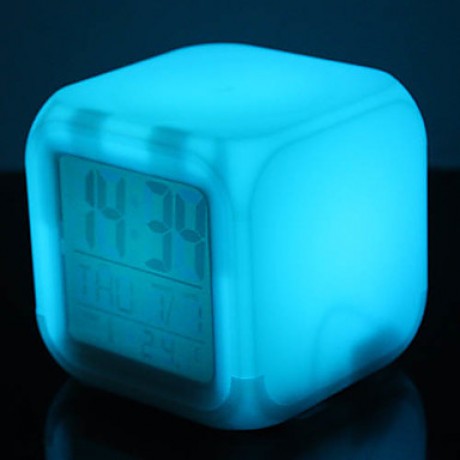 Colorful Glowing Cubic Digital Alarm Clock Calendar Thermometer (White, 4xAAA)  