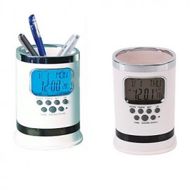 Digital LCD Desk ALarm Clock Mesh Pen Holder Container Time Temp Calendar Gift  