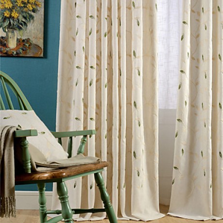 Room Darkening Linen Embroidered Leaf Curtains Drapes Two Panel  