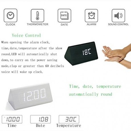 Digital Calendar Thermometer Time LED Sound Control Wooden Alarm Clock(White&Khaki&Black,3*AAA)  