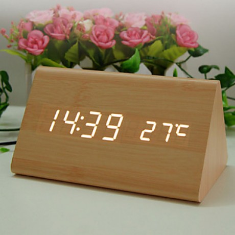 Digital Calendar Thermometer Time LED Sound Control Wooden Alarm Clock(White&Khaki&Black,3*AAA)  