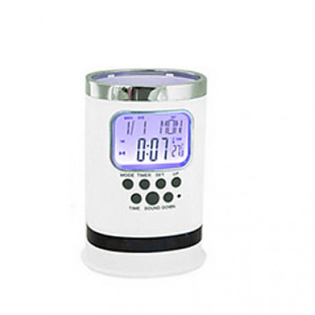 Digital LCD Desk ALarm Clock Mesh Pen Holder Container Time Temp Calendar Gift  