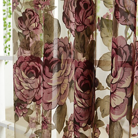 Two Panels Burgundy Floral  Botanical Polyester Sheer Curtains  