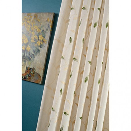 Room Darkening Linen Embroidered Leaf Curtains Drapes Two Panel  