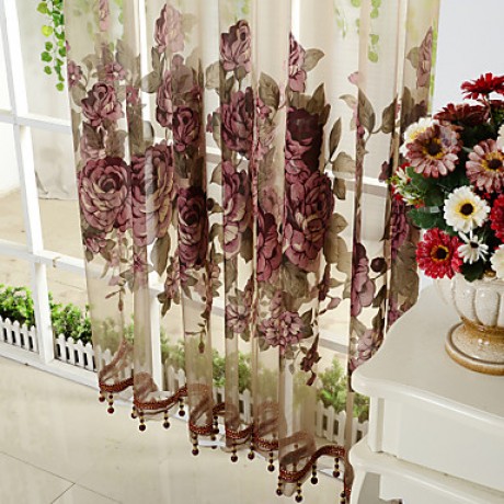 Two Panels Burgundy Floral  Botanical Polyester Sheer Curtains  