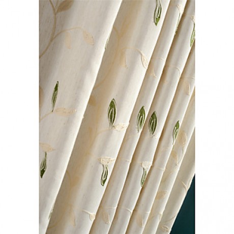 Room Darkening Linen Embroidered Leaf Curtains Drapes Two Panel  