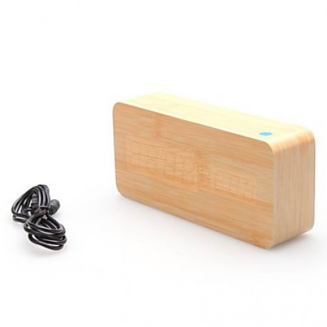 Khaki Wooden Design Blue Light Desktop Alarm Clock Calendar Thermometer (USB/4xAA)  