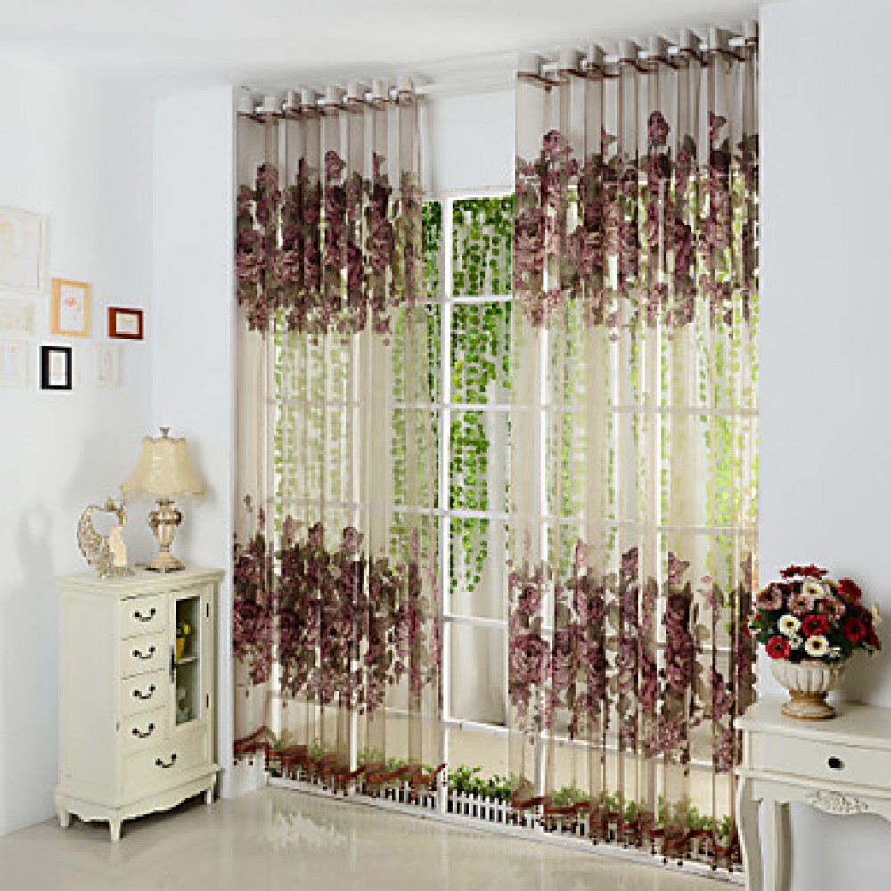 Two Panels Burgundy Floral  Botanical Polyester Sheer Curtains  