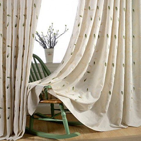 Room Darkening Linen Embroidered Leaf Curtains Drapes Two Panel  