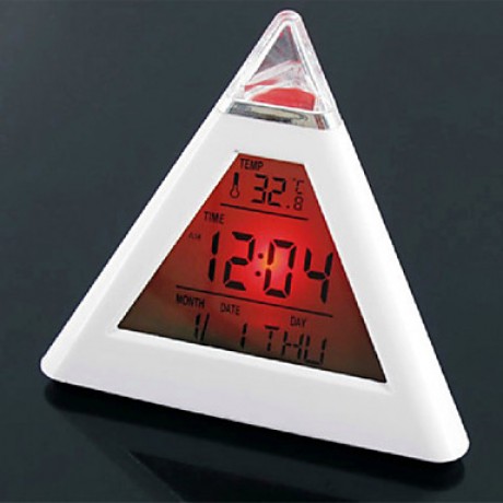 7 LED Colors Changing Pyramid Shaped Digital Alarm Clock Calendar Thermometer (White, 3xAAA)  