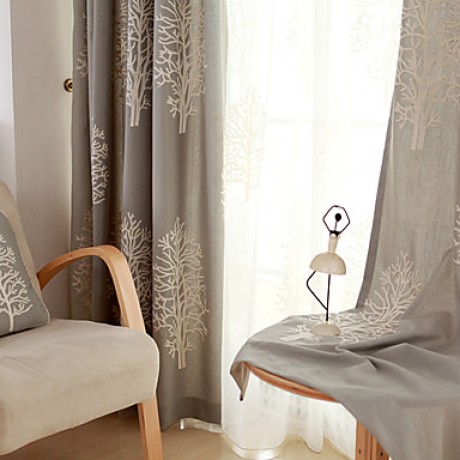 Two Panel Modern  Tree  Embroidered  Cotton Energy Saving Curtains Drapes  