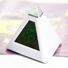 7 LED Colors Changing Pyramid Shaped Digital Alarm Clock Calendar Thermometer (White, 3xAAA)  