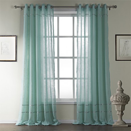 Neoclassical Two Panels Stripe Blue Living Room Cotton Sheer Curtains Shades  