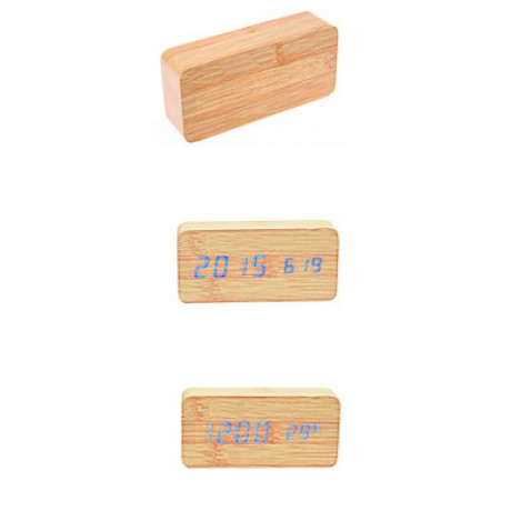 Blue Light USB Dual-Screen Rectangular Wooden LED Clock  