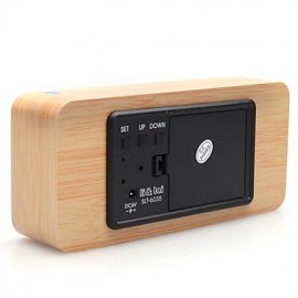 Khaki Wooden Design Blue Light Desktop Alarm Clock Calendar Thermometer (USB/4xAA)  