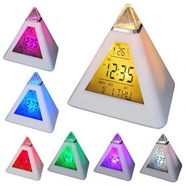 7 LED Colors Changing Pyramid Shaped Digital Alarm Clock Calendar Thermometer (White, 3xAAA)  