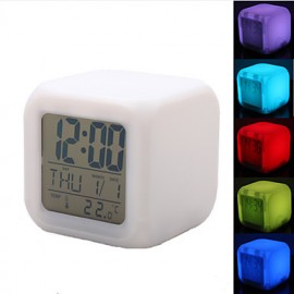 Colorful Glowing Cubic Digital Alarm Clock Calendar Thermometer (White, 4xAAA)  