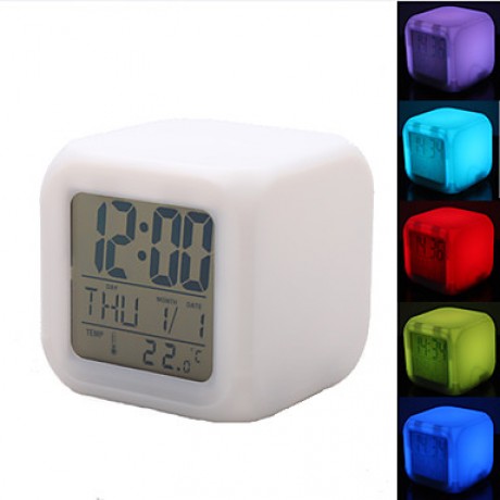 Colorful Glowing Cubic Digital Alarm Clock Calendar Thermometer (White, 4xAAA)  