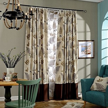 Two Panels Country Leaf Brown Green Bedroom Linen Cotton Blend Panel Curtains Drapes  