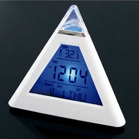 7 LED Colors Changing Pyramid Shaped Digital Alarm Clock Calendar Thermometer (White, 3xAAA)  