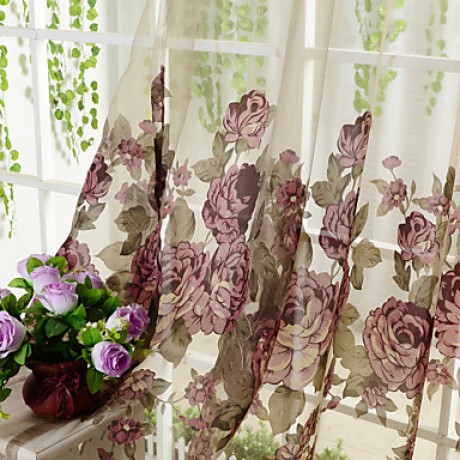 Two Panels Burgundy Floral  Botanical Polyester Sheer Curtains  