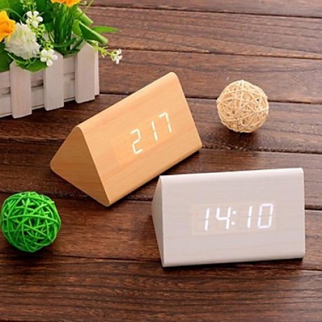 Digital Calendar Thermometer Time LED Sound Control Wooden Alarm Clock(White&Khaki&Black,3*AAA)  