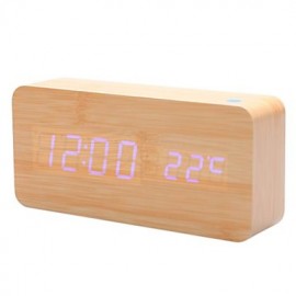 Khaki Wooden Design Blue Light Desktop Alarm Clock Calendar Thermometer (USB/4xAA)  