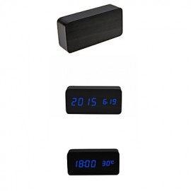 Blue Light USB Dual-Screen Rectangular Wooden LED Clock  