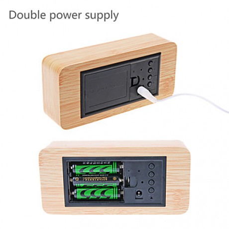 Blue Light USB Dual-Screen Rectangular Wooden LED Clock  