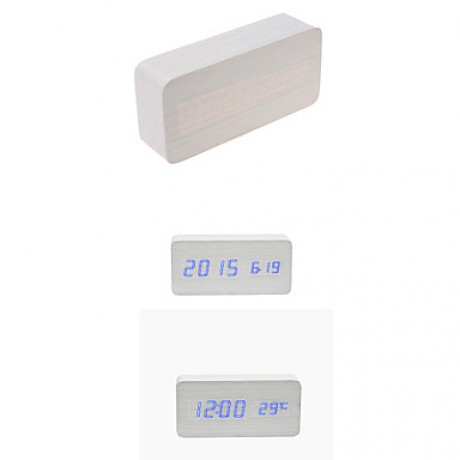 Blue Light USB Dual-Screen Rectangular Wooden LED Clock  