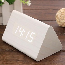 Digital Calendar Thermometer Time LED Sound Control Wooden Alarm Clock(White&Khaki&Black,3*AAA)  